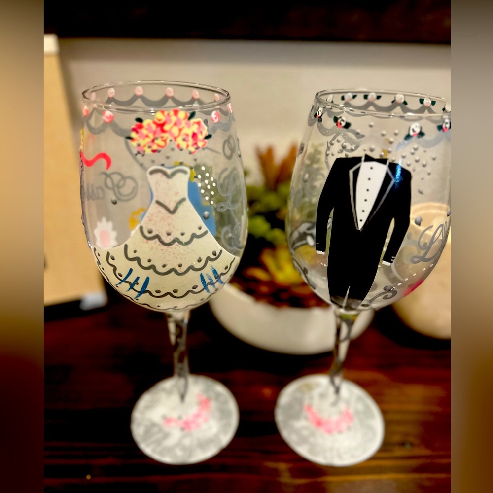 Beautiful Bride and Groom wine glasses. Hand painted